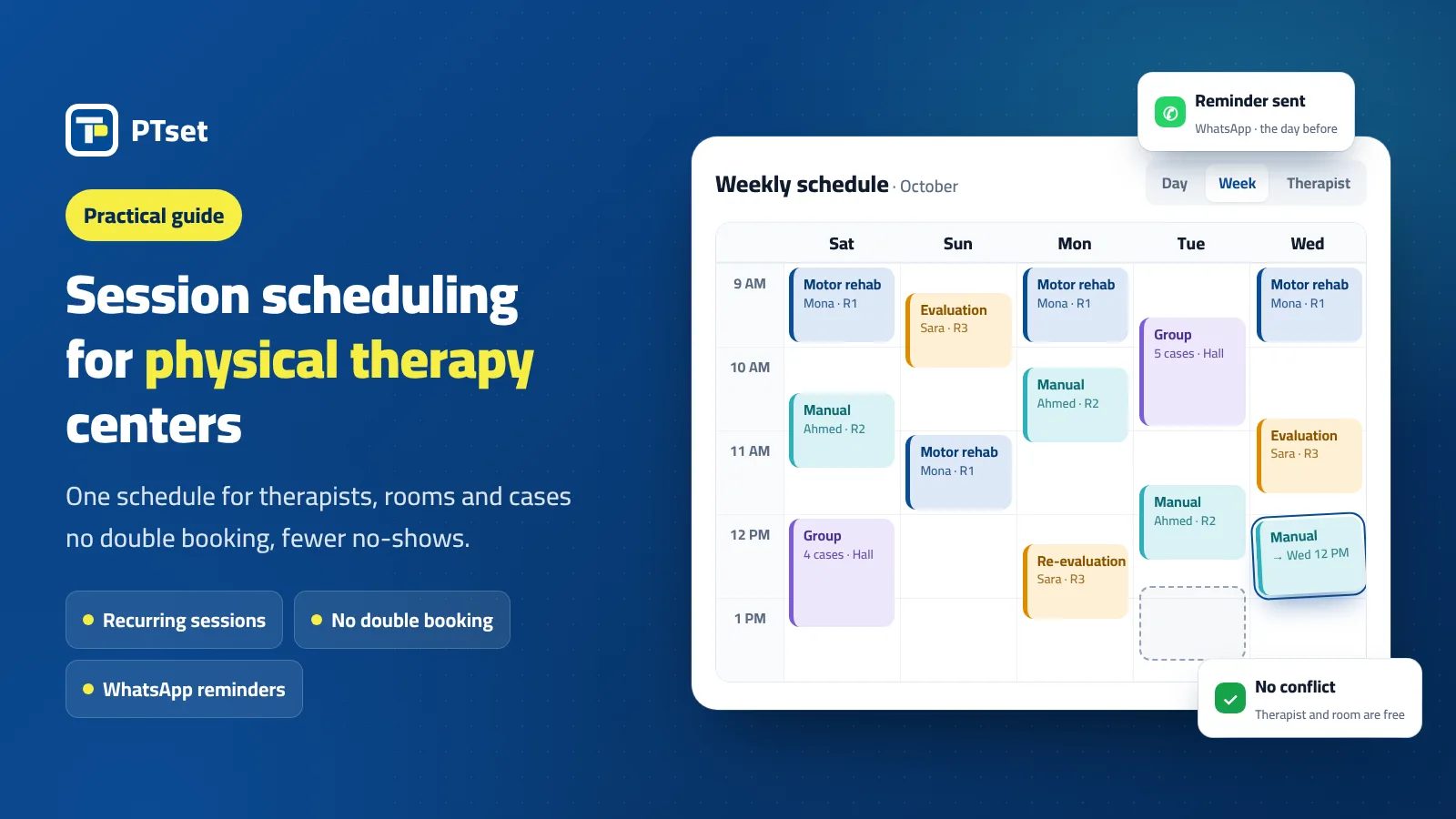 Physical therapy session scheduling without conflicts · PTset