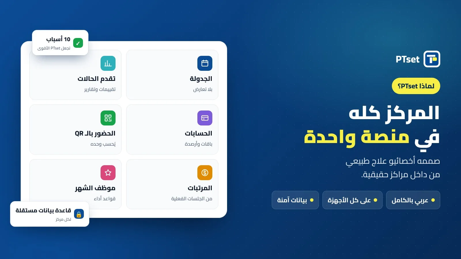 مميزات PTset: الجدولة وتقدم الحالات والحسابات والحضور بالـ QR والمرتبات وموظف الشهر
